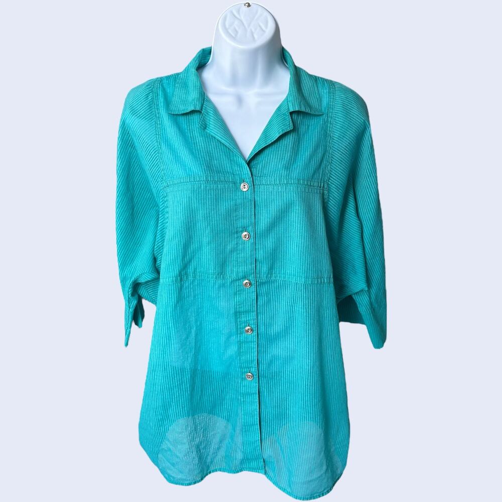 Cabrais teal textured button front blouse 3/4 dolman 90s